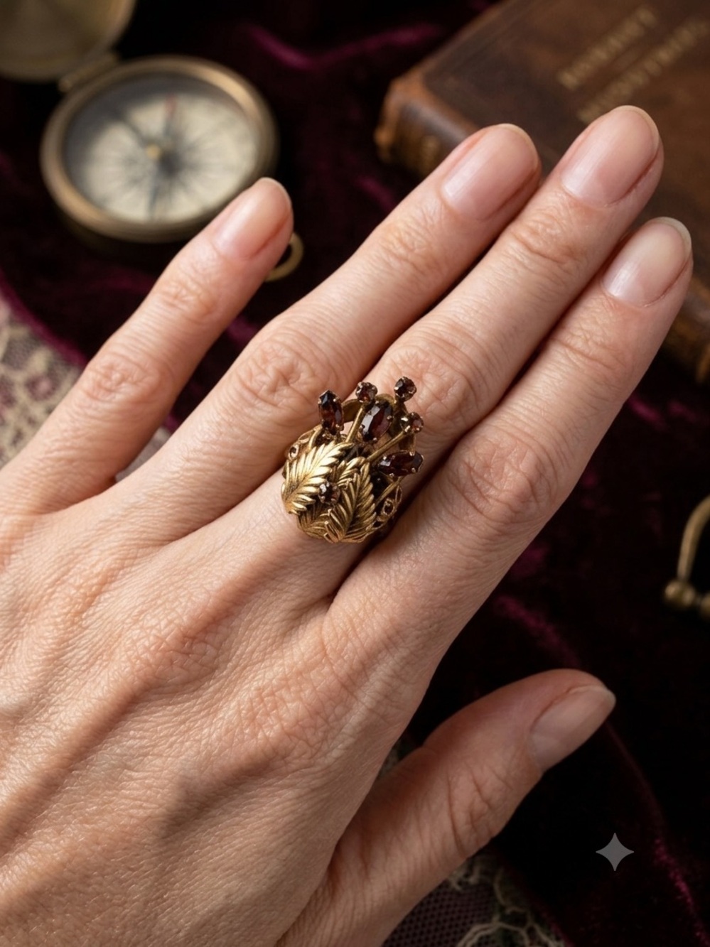 Vintage Gold Tone Leaf Cocktail Ring with Garnet Red Stones